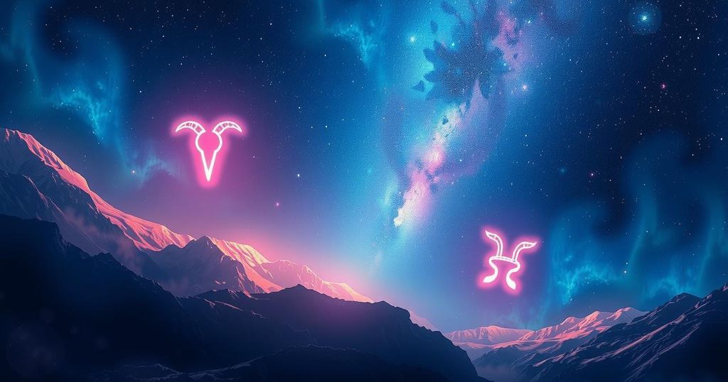 Celestial symbols representing zodiac signs in a vibrant cosmic landscape, showcasing astrological connections and themes.