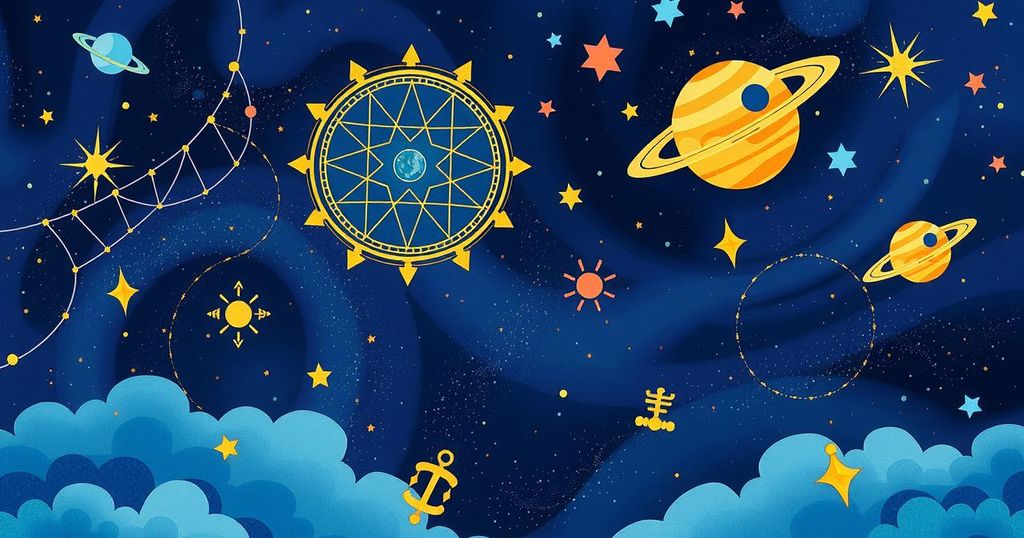 Astrological symbols in a celestial setting with stars and planets, representing zodiac signs for daily horoscope.