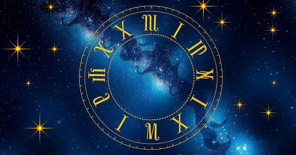 Zodiac symbols on a celestial background with a gradient of deep blues and golds, showcasing astrological themes.
