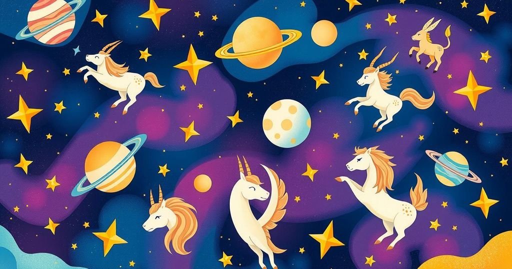 A cosmic scene depicting the zodiac signs filled with celestial elements, vibrant colours, and creative energy.