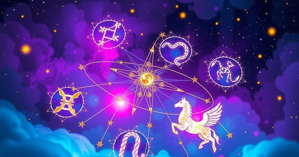 Astrological symbols on a celestial background with vibrant colours representing June horoscopes and abundance.