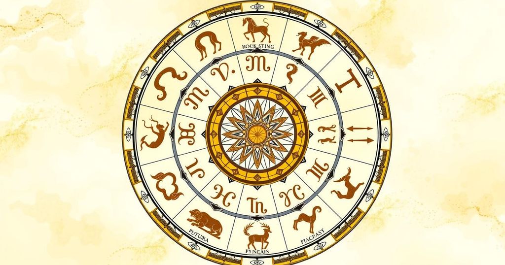 A vibrant Zodiac wheel depicting astrological signs, adorned with saffron, cream, and lemon hues.