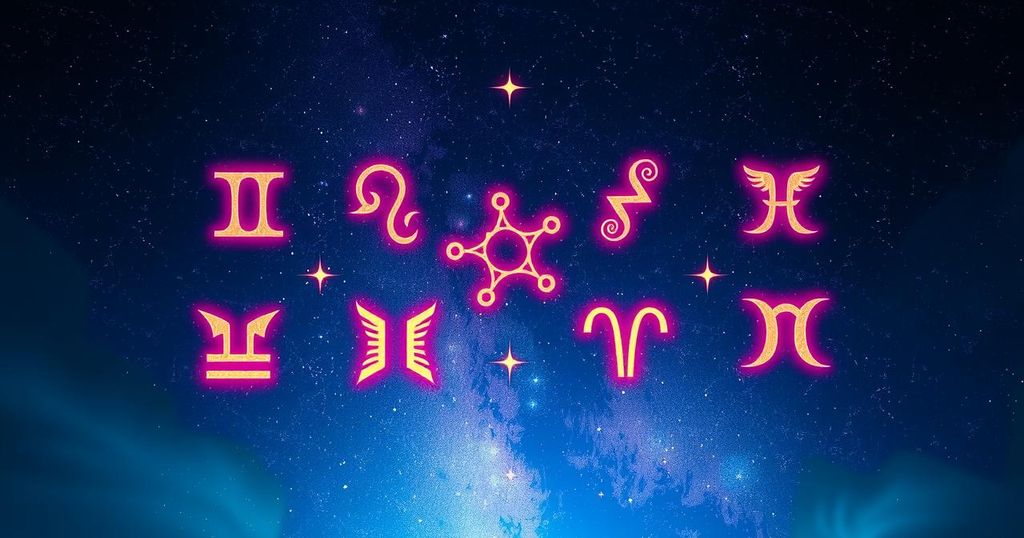 Astrological symbols representing each zodiac sign on a starry background.