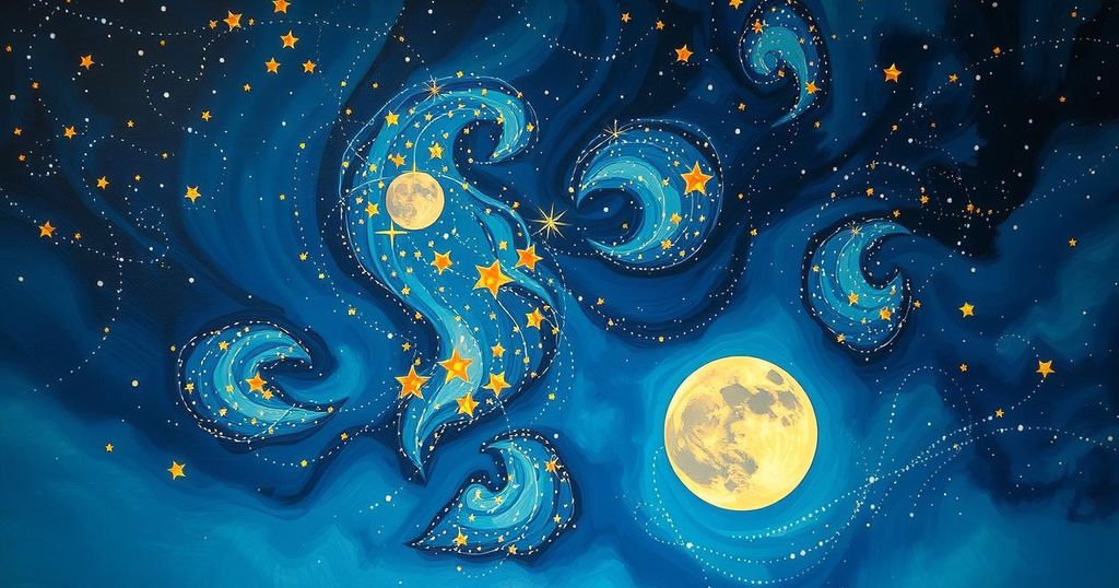 Celestial discovery with vibrant stars in a night sky and a glowing moon reflecting emotional growth and clarity.