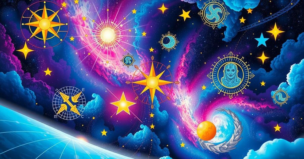 Astrological symbols with celestial imagery, bright cosmic colours, reflecting new beginnings and opportunities.