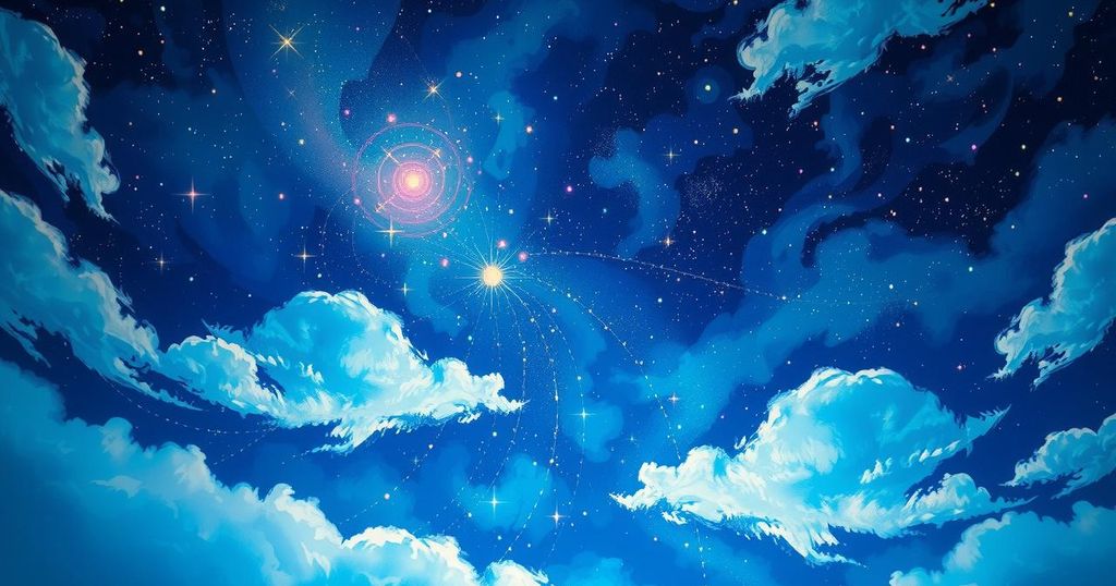 Bright stars in a night sky surrounded by soft clouds symbolising hope, with constellations forming zodiac signs.