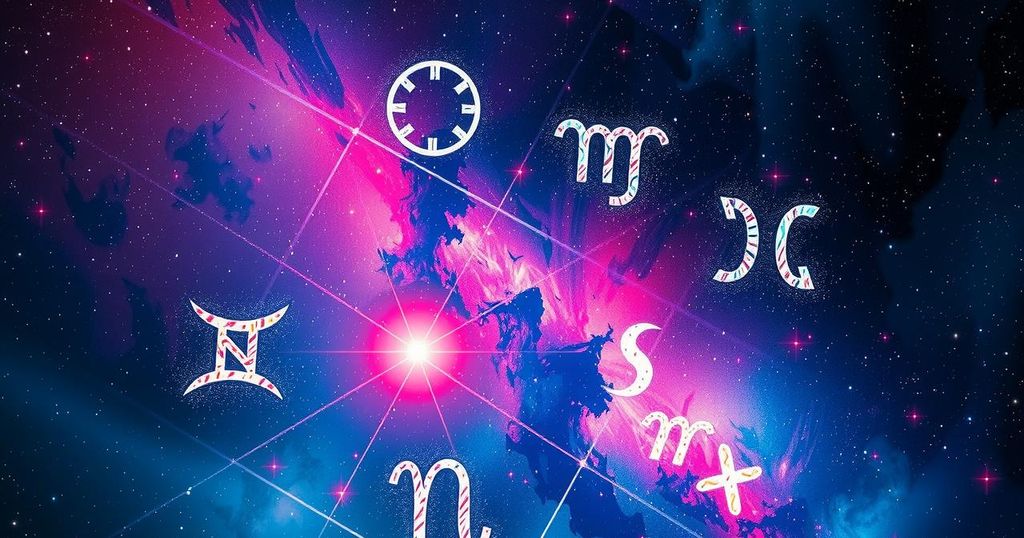 Celestial theme with zodiac symbols and vibrant stars, representing positive energy and new beginnings in astrology.