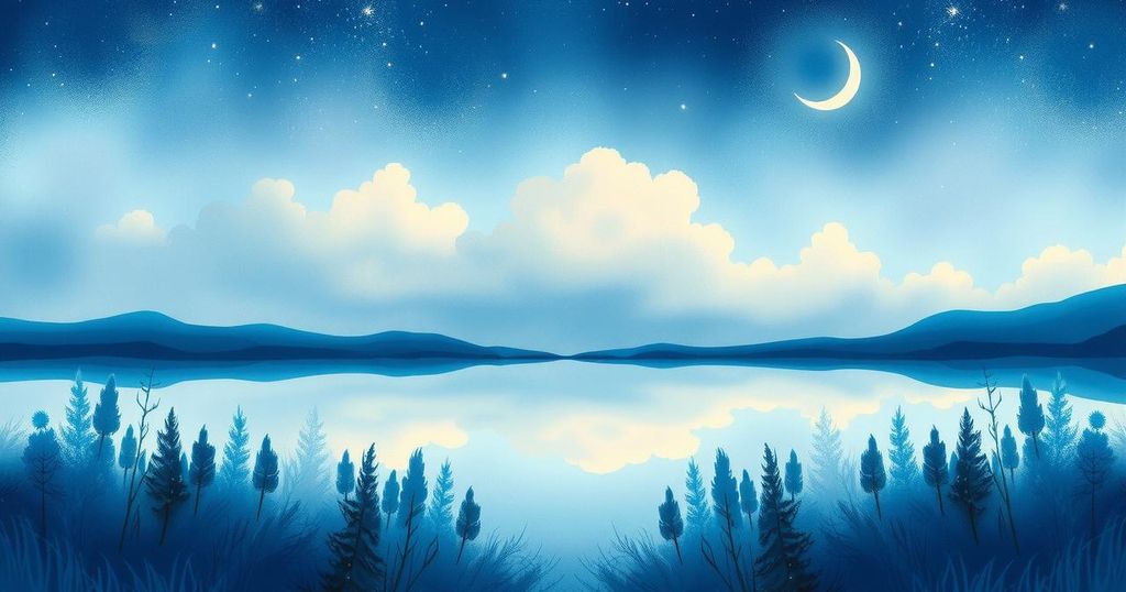 A serene evening sky with stars and a crescent moon over a calm landscape, evoking tranquility and cosmic influence.