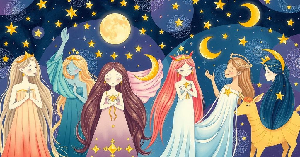Colourful zodiac signs with astrological symbols and celestial bodies representing horoscopes for the week.