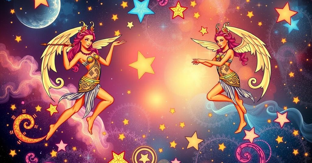 Gemini-themed horoscope illustration with celestial motifs, vibrant colours and visual astrology elements.