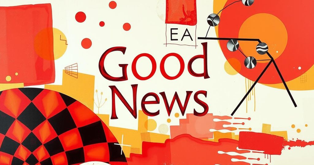 Abstract representation of good news and harmony, featuring a vibrant blend of warm red hues and geometric shapes.