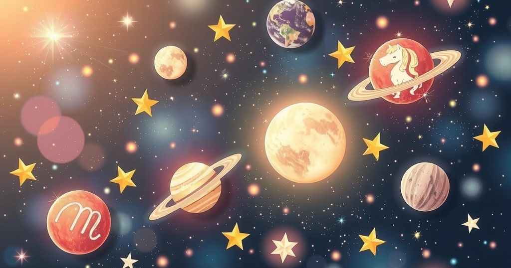 Astrology symbols surrounded by stars and planets, featuring a celestial theme in pastel colours.