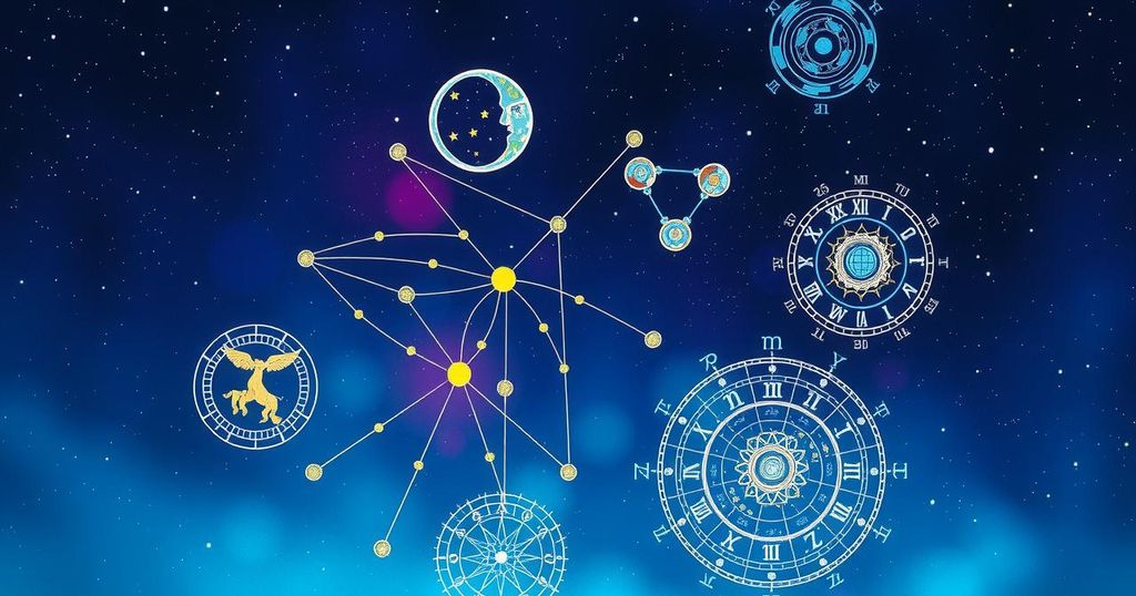 Celestial themes with Zodiac symbols, astrological charts, vivid stars, and a night sky background in vibrant shades of blue and purple.