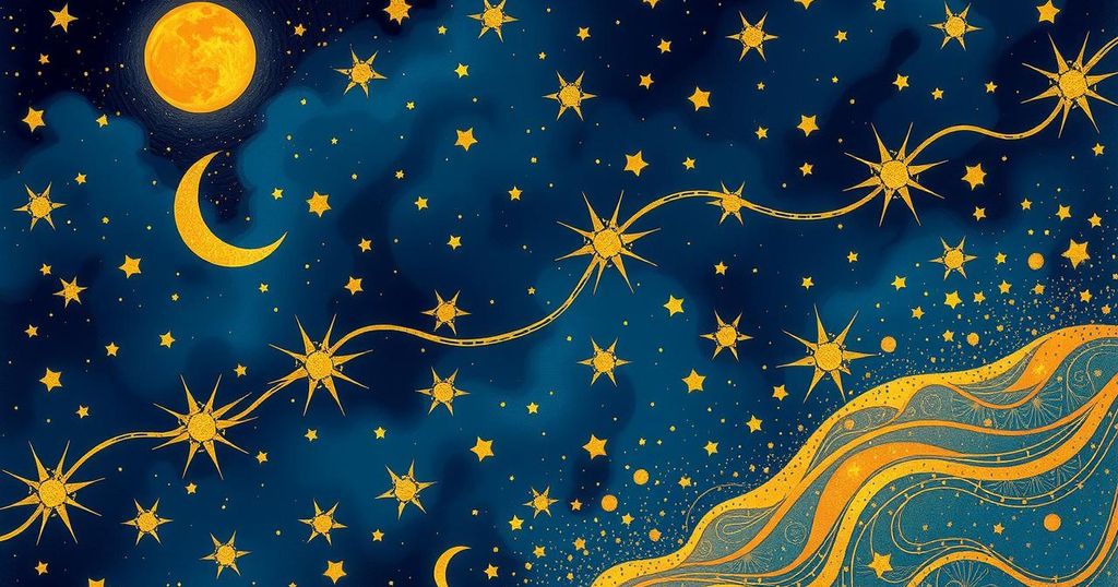 A celestial design with zodiac symbols and constellations in a starry night sky, using a cosmic palette of deep blues and golds.