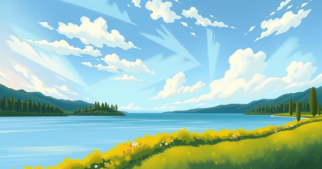 A serene landscape of calm waters reflecting a clear sky, symbolising growth and harmony.