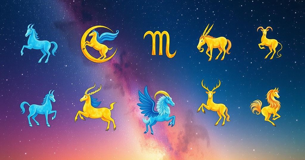 Astrological symbols representing zodiac signs in vibrant colours against a night sky backdrop.