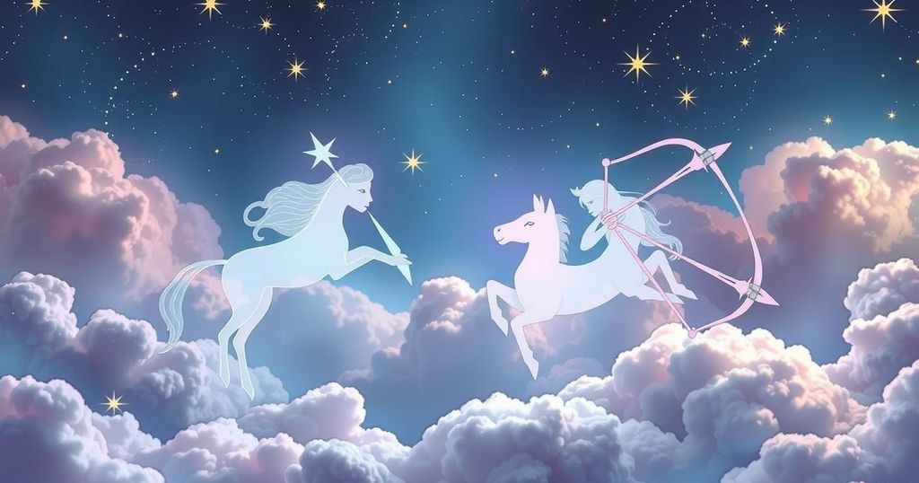 An astrological theme featuring zodiac signs of Gemini and Sagittarius amidst a dreamy celestial background.