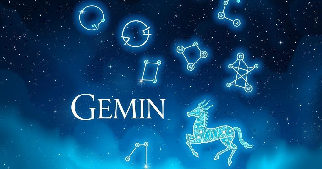A celestial themed illustration representing Gemini's April horoscope with stars and vibrant constellations in a cosmic blue palette.