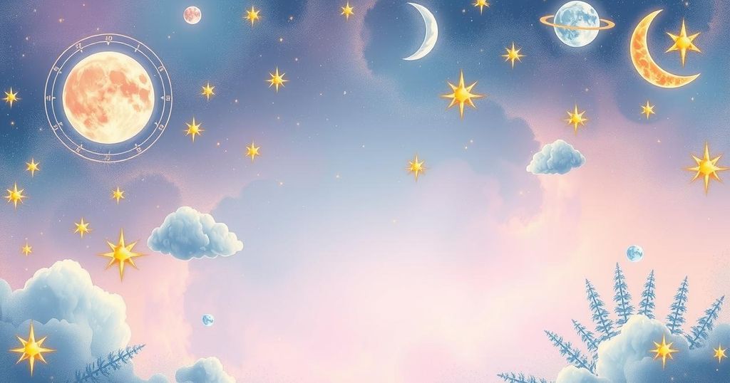 Astrological symbols surrounded by stars and cosmic elements, in soothing pastel tones, depicting zodiac signs and celestial energy.