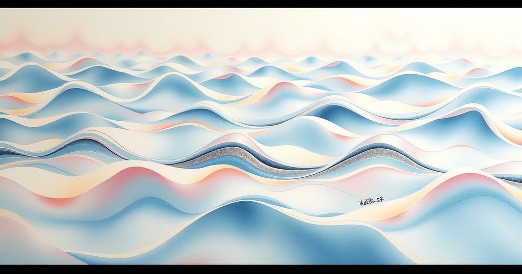 A serene abstract landscape featuring calming waves and soft pastel tones, symbolising introspection and communication.