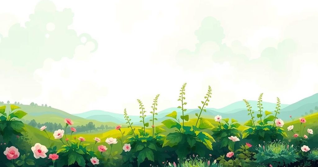 A serene scene depicting growth and harmony, featuring a vibrant pistachio green landscape with flourishing plants.