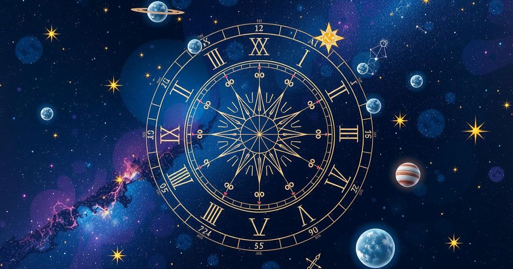 A cosmic scene with astrological symbols, stars, and planets in vibrant colours, reflecting a celestial theme.