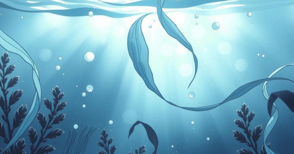 A serene underwater scene with soft blue hues, featuring gentle flowing currents and subtle hints of light.