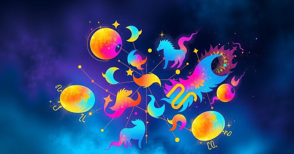 Astrological symbols in vibrant colours highlighting positive energy and growth, representing zodiac horoscopes.