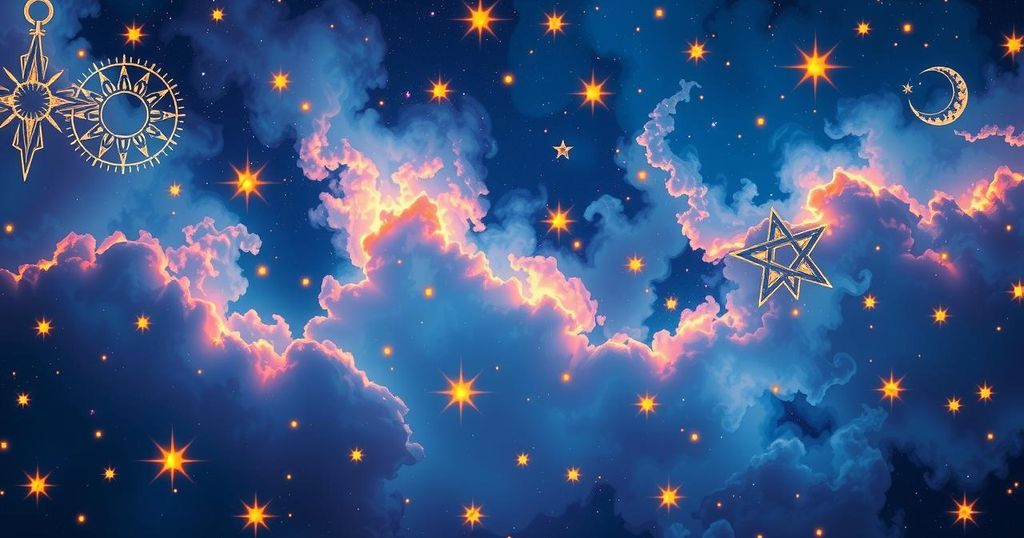 A cosmic scene showing vibrant stars and astrological symbols blending in deep blues and purples.