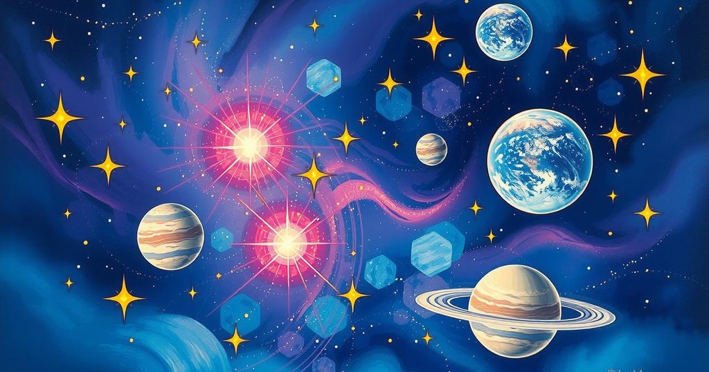 A dreamy cosmic illustration capturing celestial symbols, vibrant celestial colours, and a starry background.