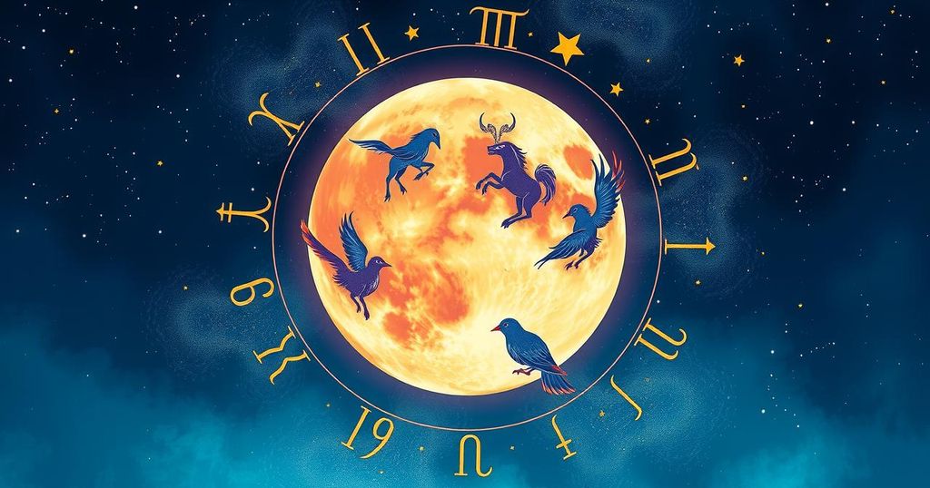 A vibrant astrological themed illustration showing zodiac signs and celestial elements under a cosmic background.