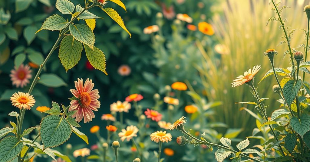 A serene landscape with a khaki background and flourishing plants symbolising growth and fulfilment of promises.