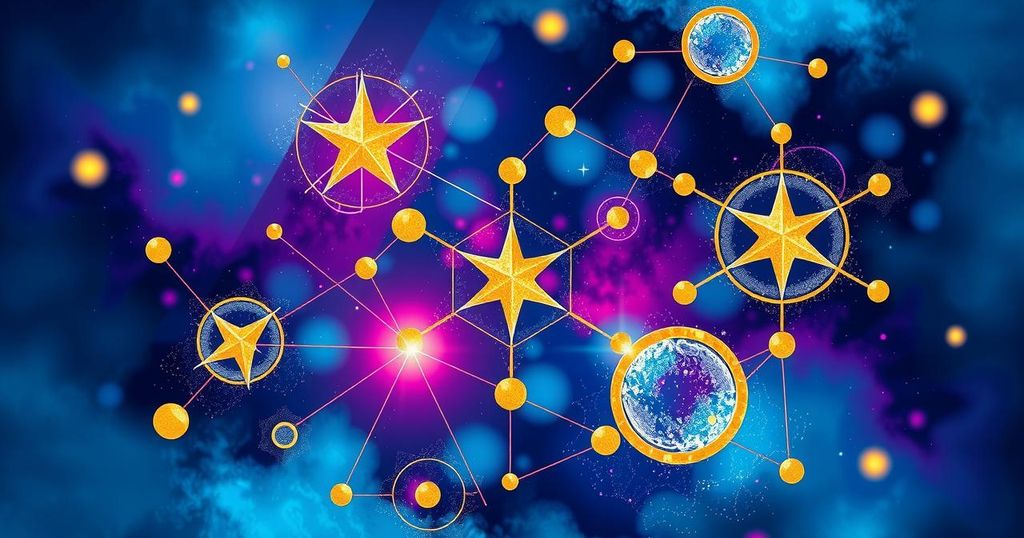 A vibrant abstract representation of social connections and collaboration with a cosmic theme.