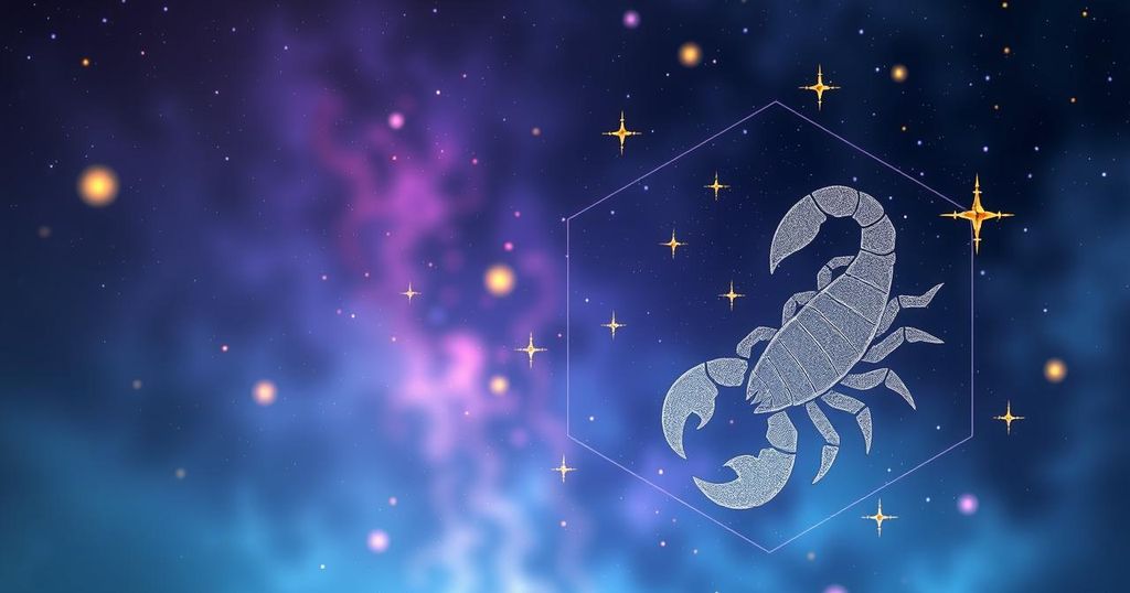 Astrological insights for Scorpio with celestial symbols and zodiac elements in serene colours.