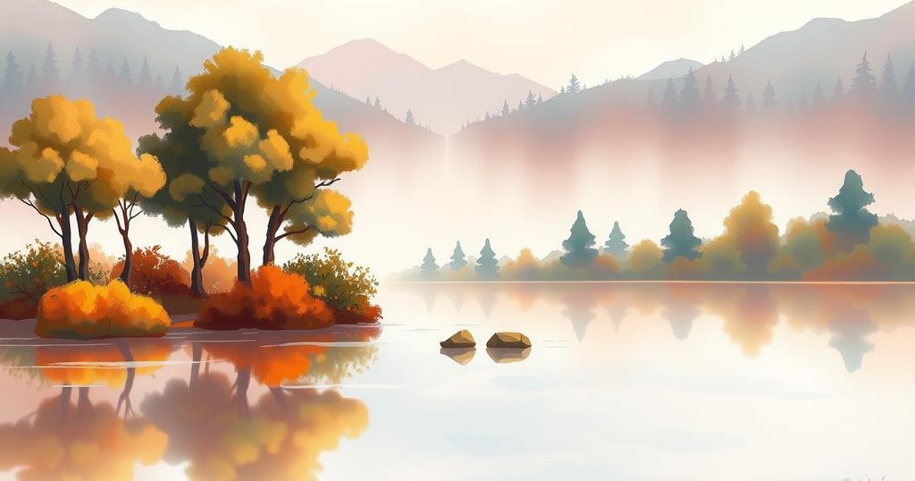 A serene nature scene with a calming landscape, featuring a tranquil lake surrounded by trees and soft sunset hues.