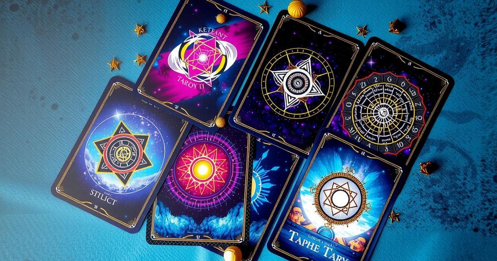 Astrological symbols and tarot cards arranged on a textured surface, featuring celestial elements and vibrant colours.