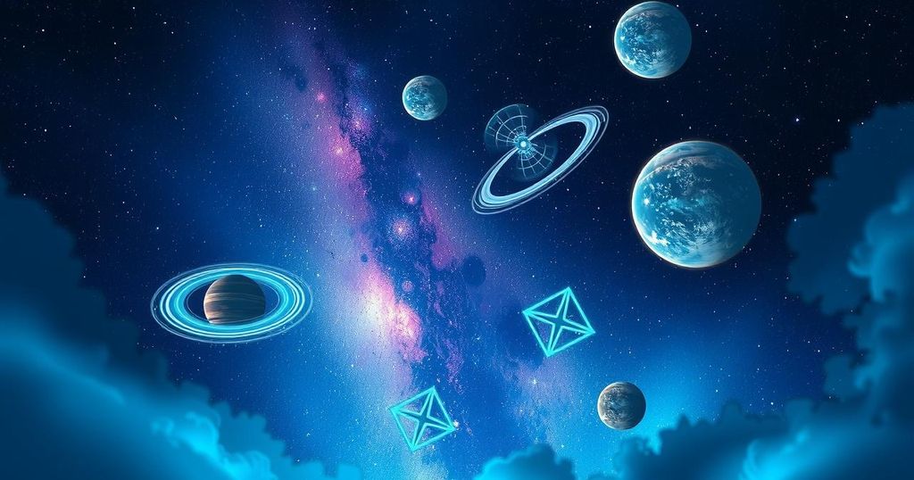 Astrological symbols and planets in a night sky with a blend of blues and purples, representing cosmic influences.