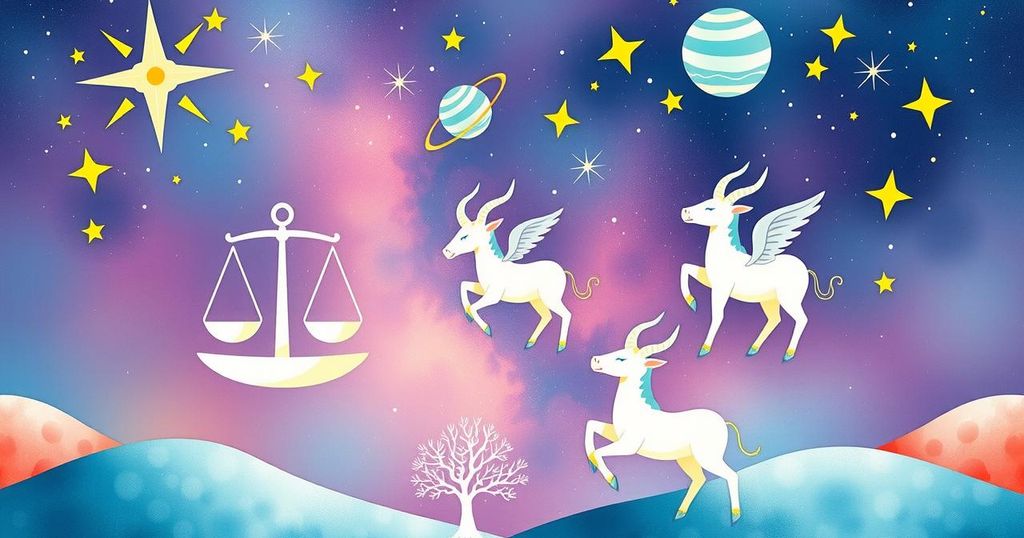 A vibrant illustration depicting Libra's cosmic journey in May, featuring Taurus and Gemini symbols, stars, and serene landscapes.