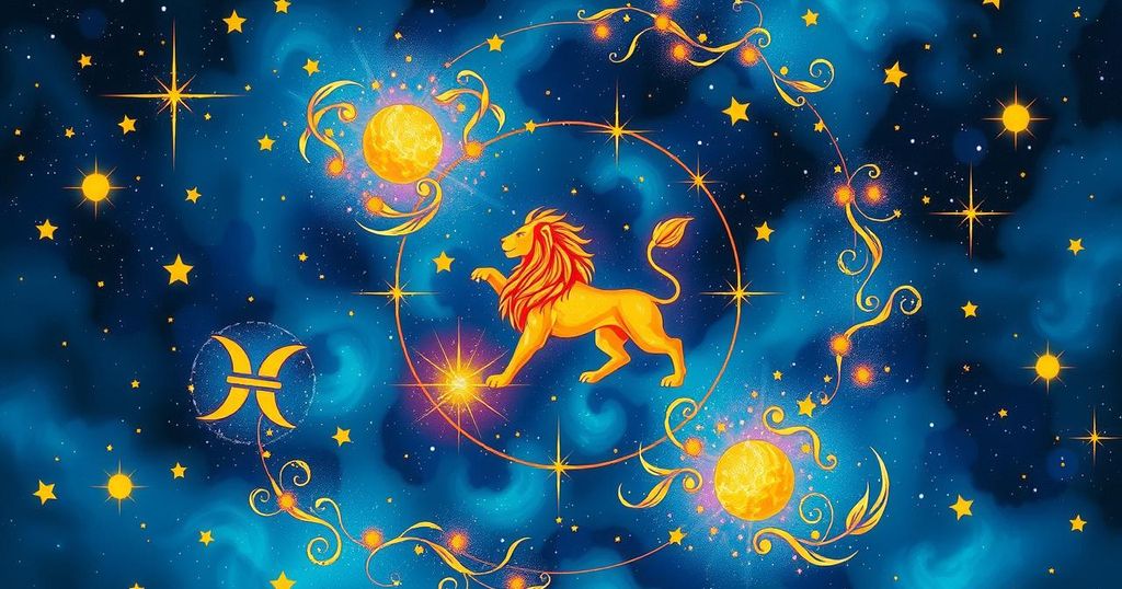 Vibrant cosmic illustration of zodiac signs under a starry sky, with a glowing Leo lion and swirling celestial elements.