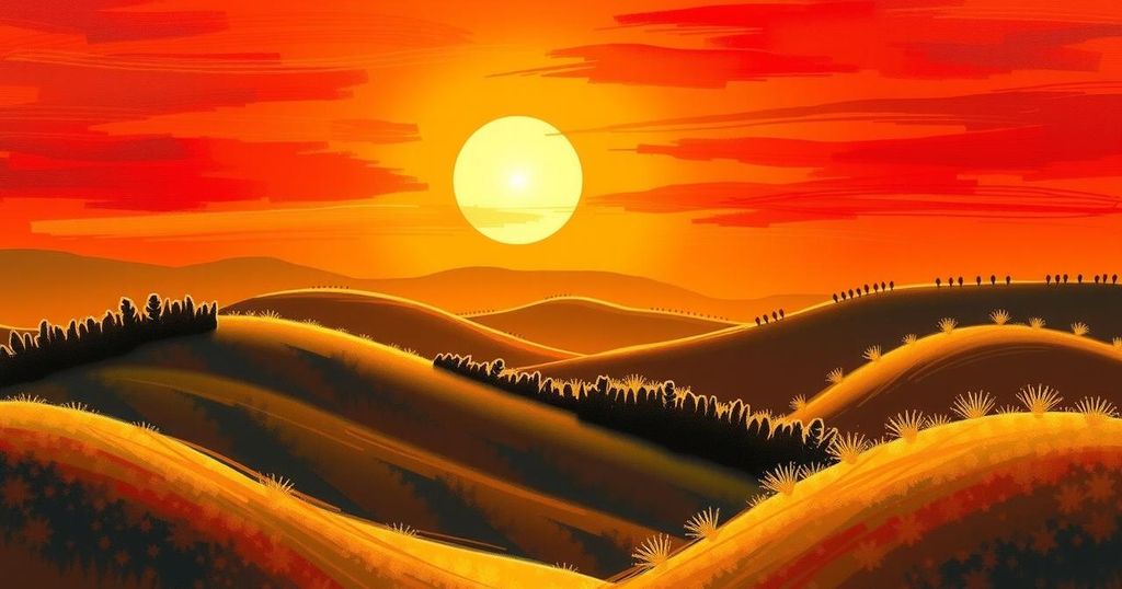 A vibrant depiction of a glowing sun over a calm landscape symbolising positivity and good news, with rich red hues.
