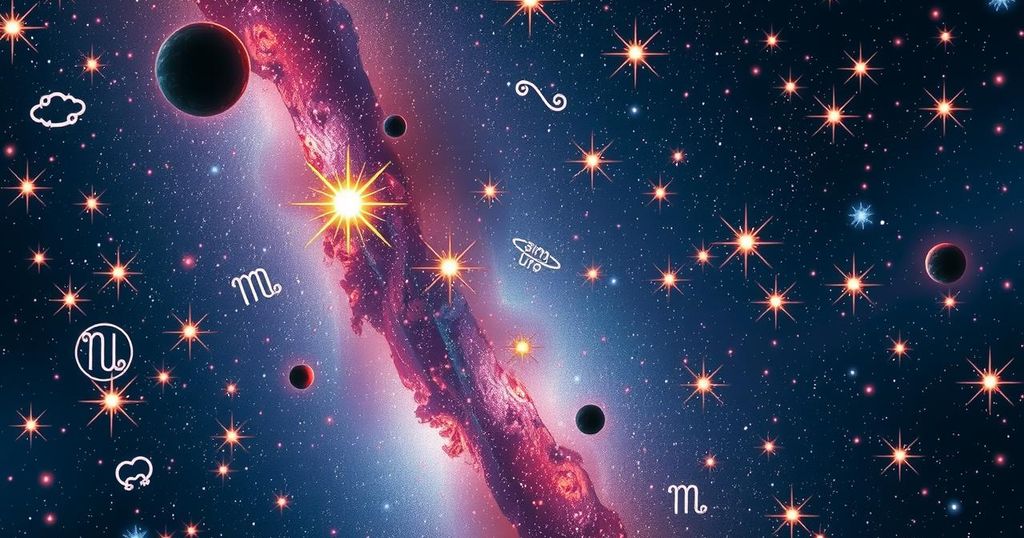 Astrological symbols and zodiac signs on a night sky background with vibrant colours for a horoscope theme.