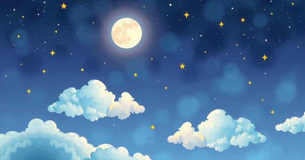 A serene night sky filled with stars, a glowing moon, and whimsical clouds reflecting creativity and joy.