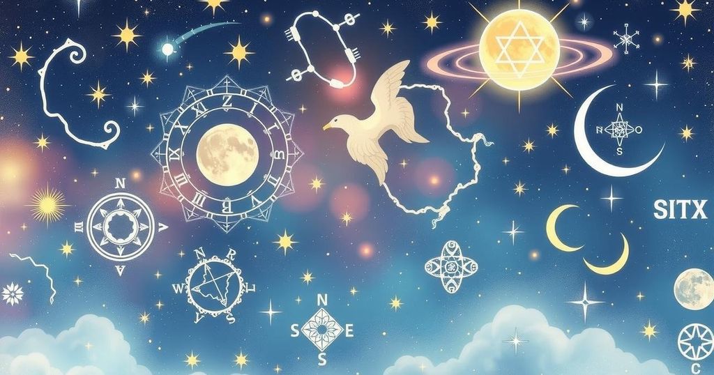Constellations and astrological symbols in dreamy colours representing horoscope guidance and personal growth.