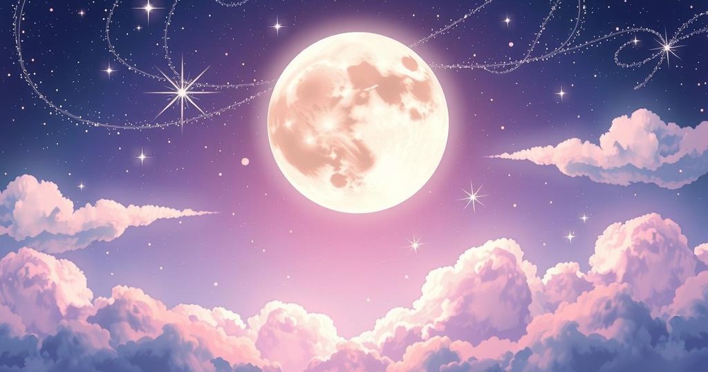 New Moon in Gemini with a vibrant starry sky, symbolising love and relationship opportunities, in a dreamy pastel colour scheme.