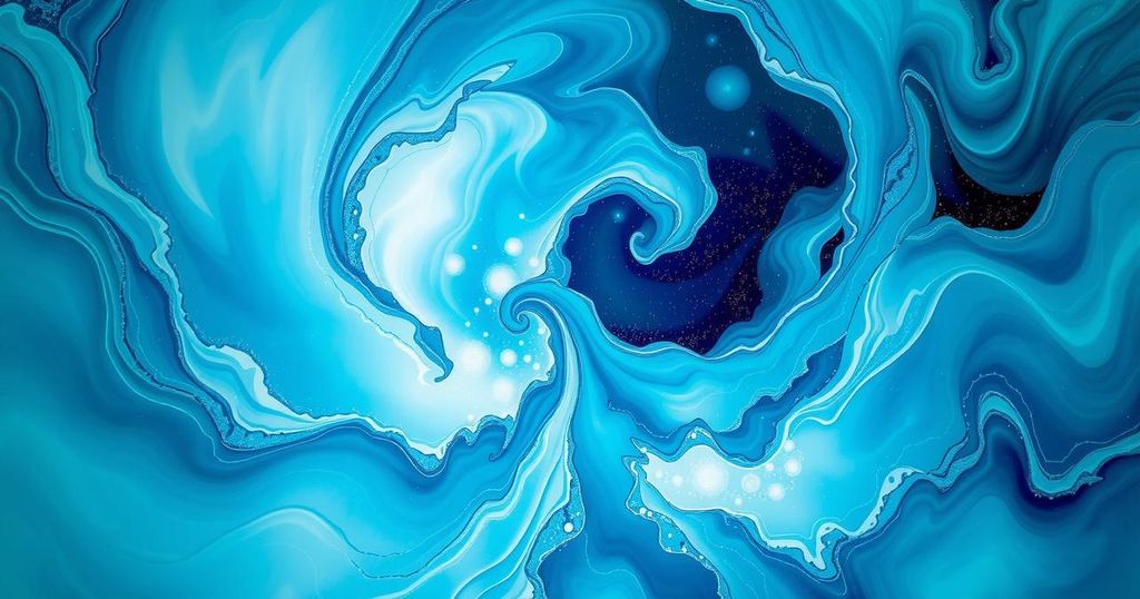 A cosmic scene showcasing swirling blue and green hues, representing love and spiritual connection among stars.