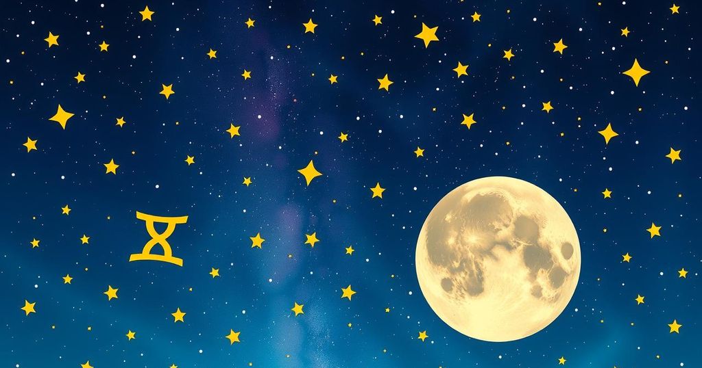 Astrological symbols and a vibrant night sky with a full moon, representing astrology for June's horoscopes.