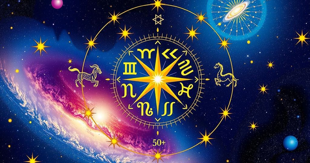 Five zodiac signs with positive energy and astrological symbols, featuring a cosmic background of celestial bodies.