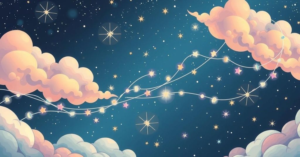 A cosmic scene with twinkling stars, flowing clouds, and fairy lights illuminating a joyful atmosphere representing positivity and change.