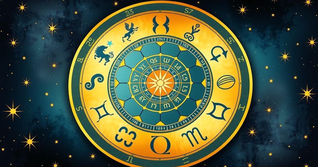 A zodiac wheel featuring symbols of each sign in celestial blue and gold tones, surrounded by stars and astrological motifs.