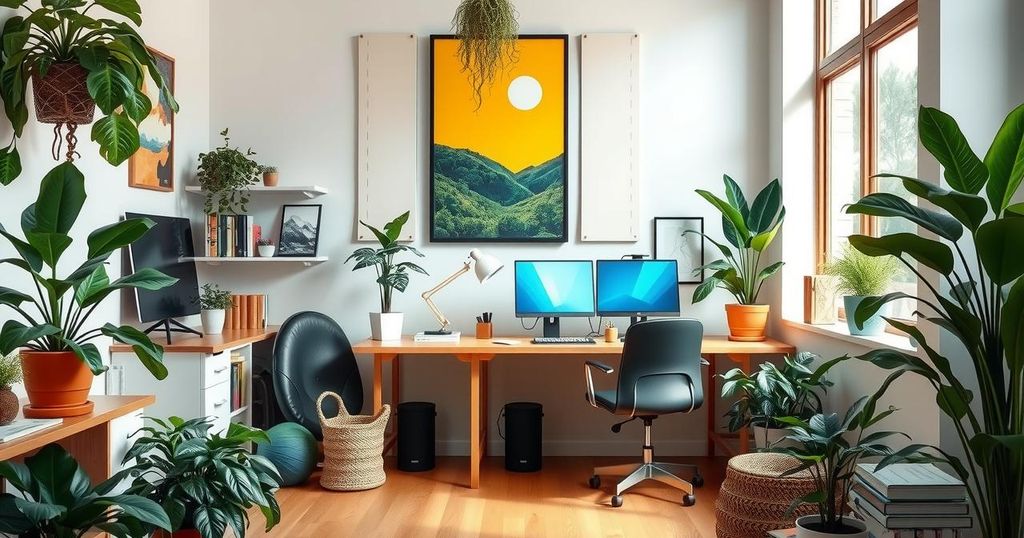 A tranquil workspace with plants and art, reflecting creativity and professional ambition in harmonious colours.